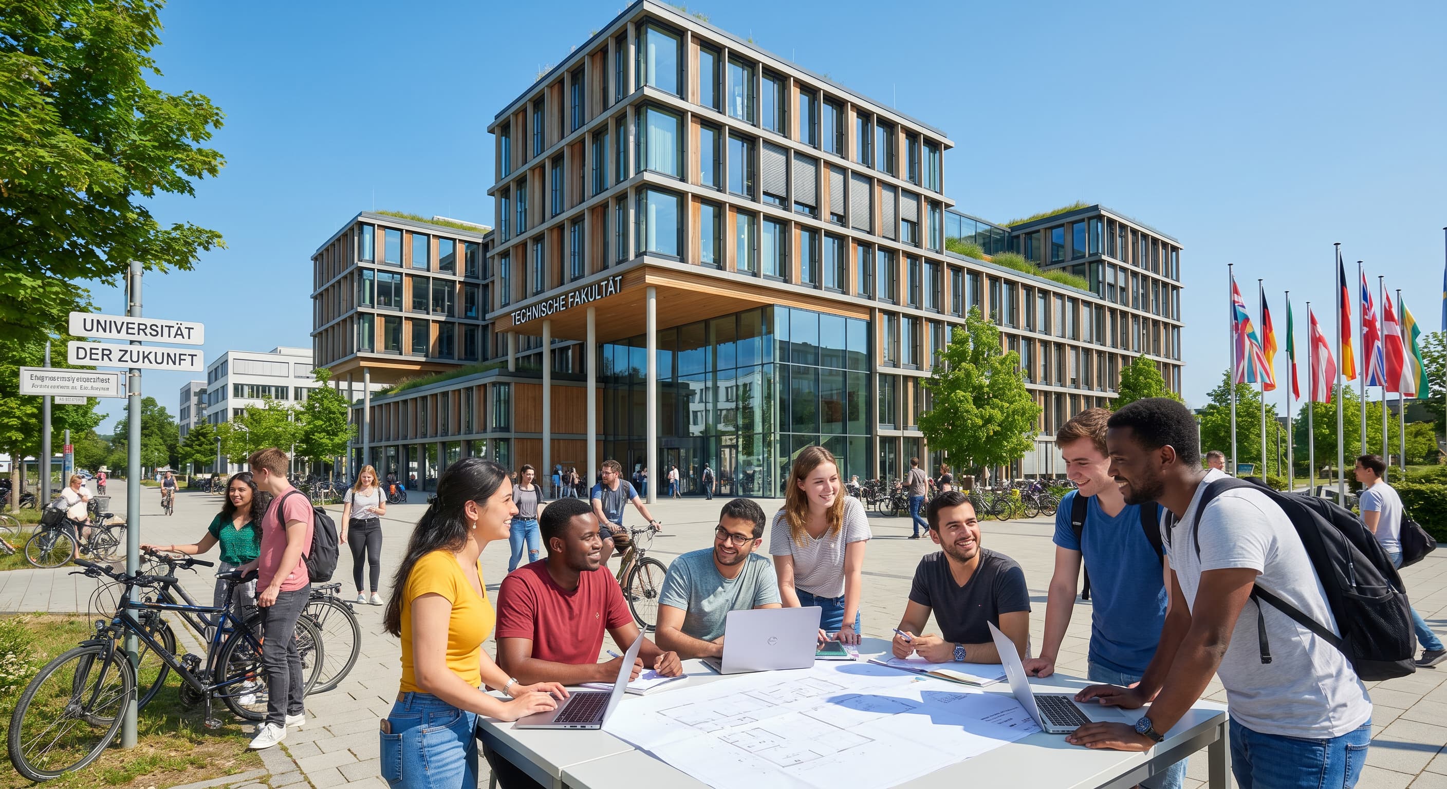 A modern technical university campus in Germany.