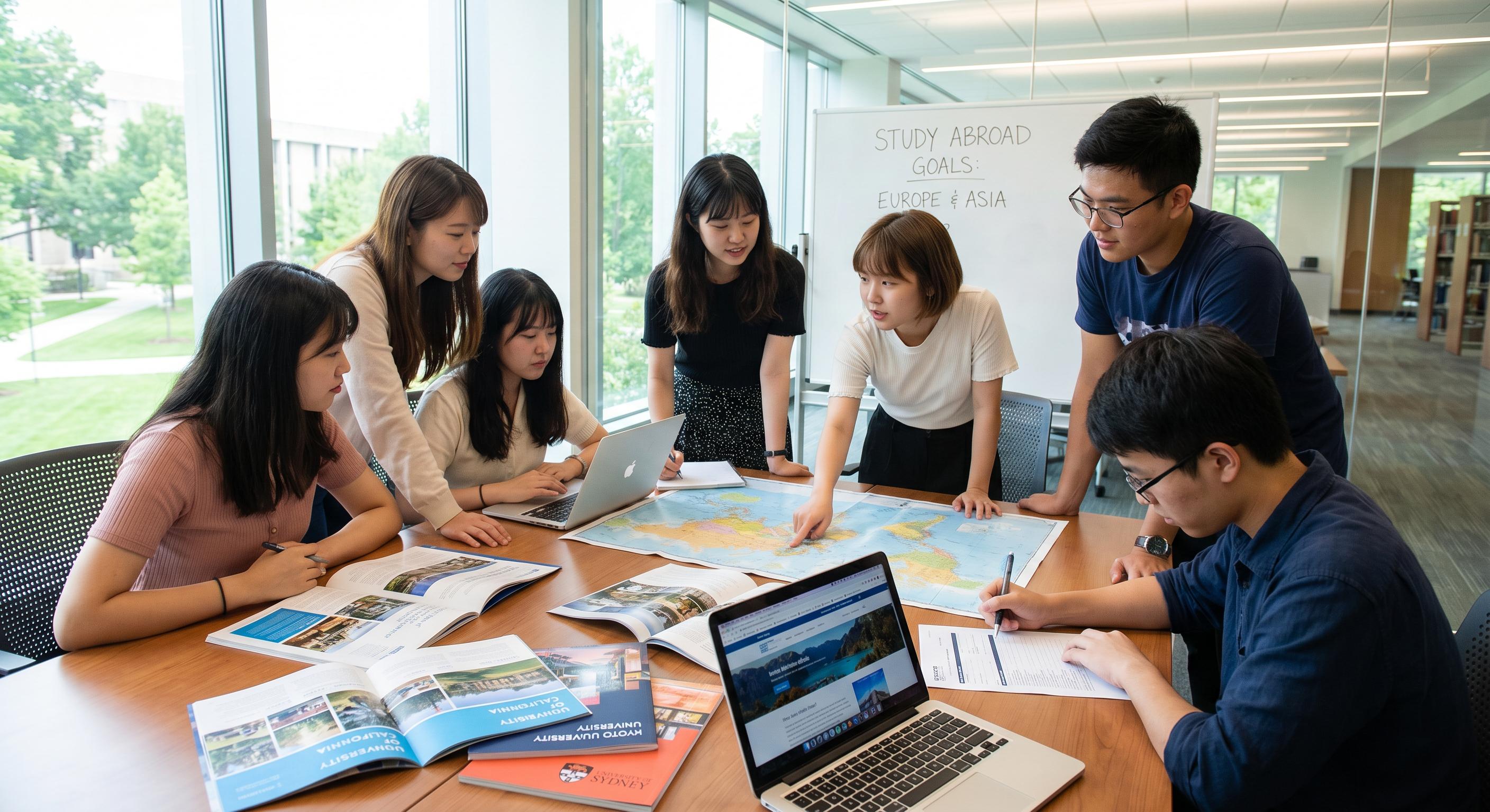 A student planning study abroad goals on a laptop at a study desk.
